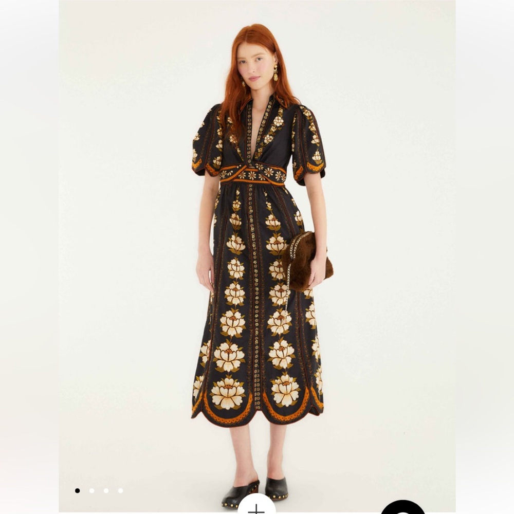 NWT Anthropologie FARM Rio Black Embroidered Flowers Floral Midi Shirt Dress M - Picture 5 of 11